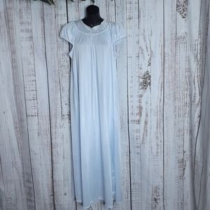 Satin pastel blue maxi nightgown w/ embroidered floral accents & pearly buttons